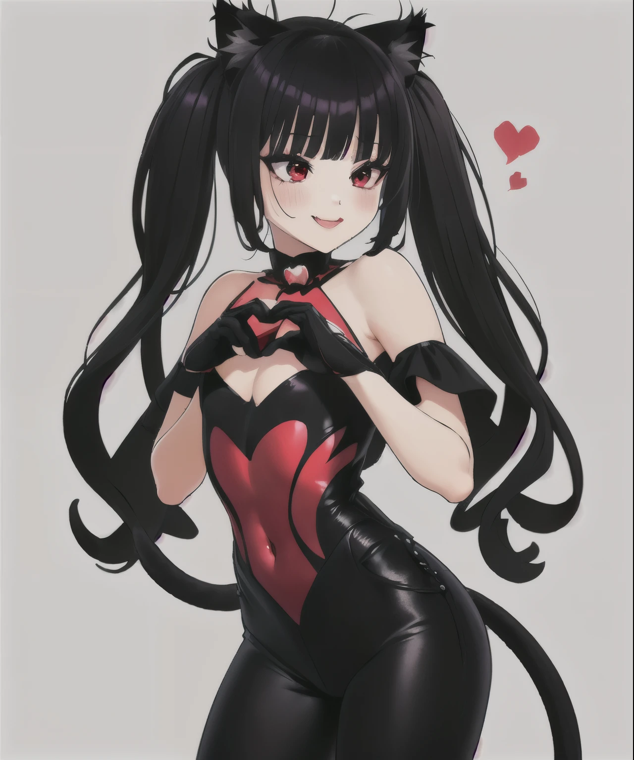 (manos del corazon, propias manos juntas:1), hembra madura,  blusa, sonrisa, feliz, Jeggings , heart hands, own hands together , ,((long hair slightly wavy slightly past the shoulders, black bangs, small black pigtails on the sides, cute cat ears, beautiful thin red eyes, black fluffy cat tail)), 