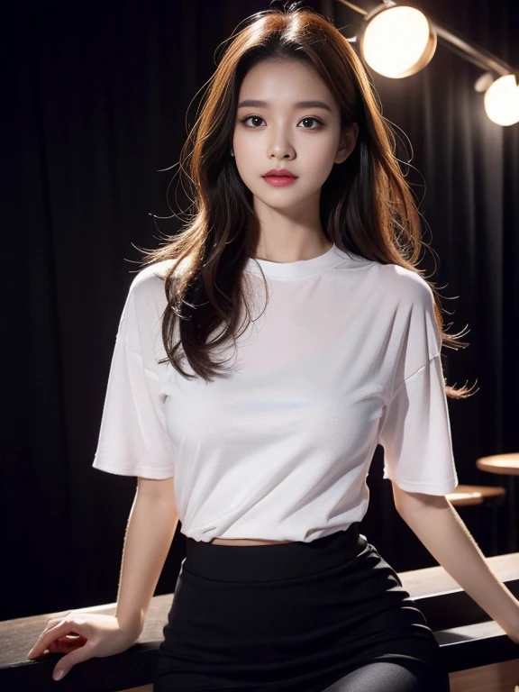 （（midynight， Acura， 8K， tmasterpiece： 1.3））， full bodyesbian， long leges， Focalors： 1.2， perfect figure beautiful woman： 1.4， Slim abs： 1.1， （dark brown  hair，： 1.2 ））， （tight tshirt， pleatedskirt，sitting on a stool： 1.2）， （nightclub scene， the roof： 1.3））， Highly Detailed Face and Skin Textur， detailedeyes， double eyelid，