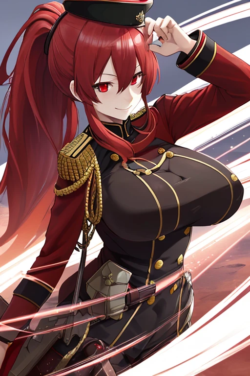 ((Top Quality)), ((Masterpiece)), (Detail), high resolution, Perfect Face, Fine Eyes, detailed eyes, Depth of Field, Special Shading, (photorealistic), (from above), looking at viewer, (1 beautiful girl), sharp eyes, Dynamic posture, large breasts, (red hair, long hair, high ponytail, blunt bangs), ((white military uniform)), pleated skirt BREAK spark up, Intense battle scenes, Light particles, (simple black background)