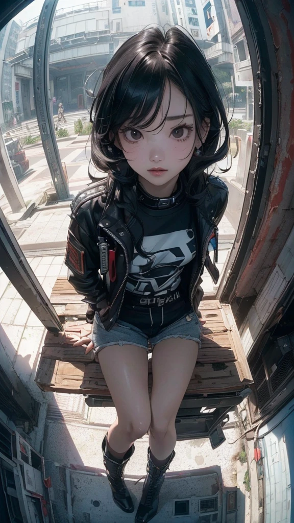 ((Highly detailed CG unit 8k wallpaper, masterpiece, High resolution, highest quality)), (Woman sitting on a rusty oil can, beautiful woman with medium hair, Nana Komatsu, put one's hand in one's pocket:1.5, Cyberpunk fashion, Wearing micro mini shorts:1.2, wearing boots:1.2), ((highly detailed face, highly detailed black eyes, detailed body, highest qualityのリアルテクスチャスキン)), (black hair, white skin), (Inside a futuristic abandoned building), (Angle from above:1.3, Fisheye Shot:1.5), hyper realistic, digital paint,
