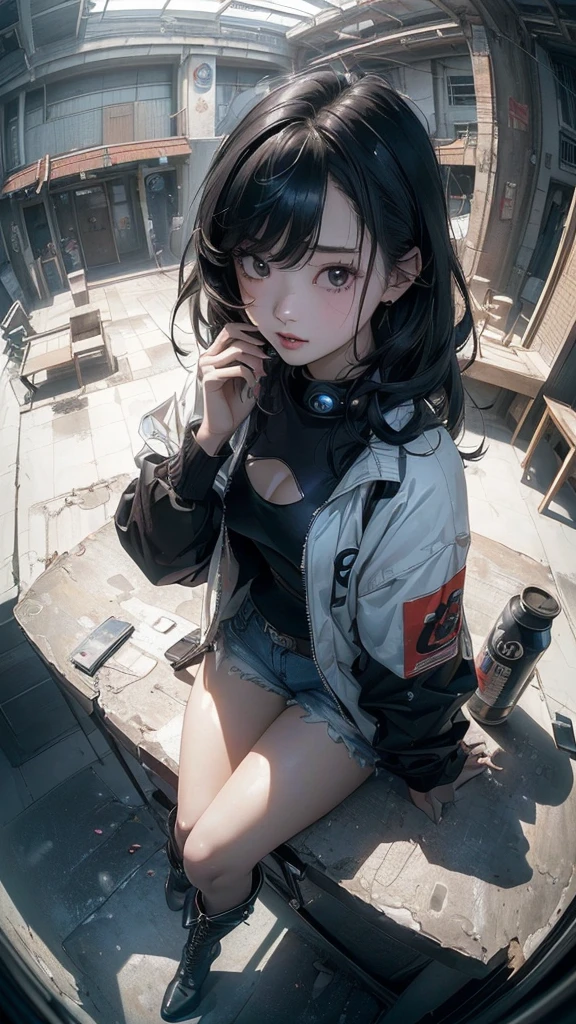 ((Highly detailed CG unit 8k wallpaper, masterpiece, High resolution, highest quality)), (Woman sitting on a rusty oil can, beautiful woman with medium hair, Nana Komatsu, put one&#39;s hand in one&#39;s pocket:1.5, Cyberpunk fashion, Wearing micro mini shorts:1.2, wearing boots:1.2), ((highly detailed face, highly detailed black eyes, detailed body, highest qualityのリアルテクスチャスキン)), (black hair, white skin), (Inside a futuristic abandoned building), (Angle from above:1.3, Fisheye Shot:1.5), hyper realistic, digital paint,