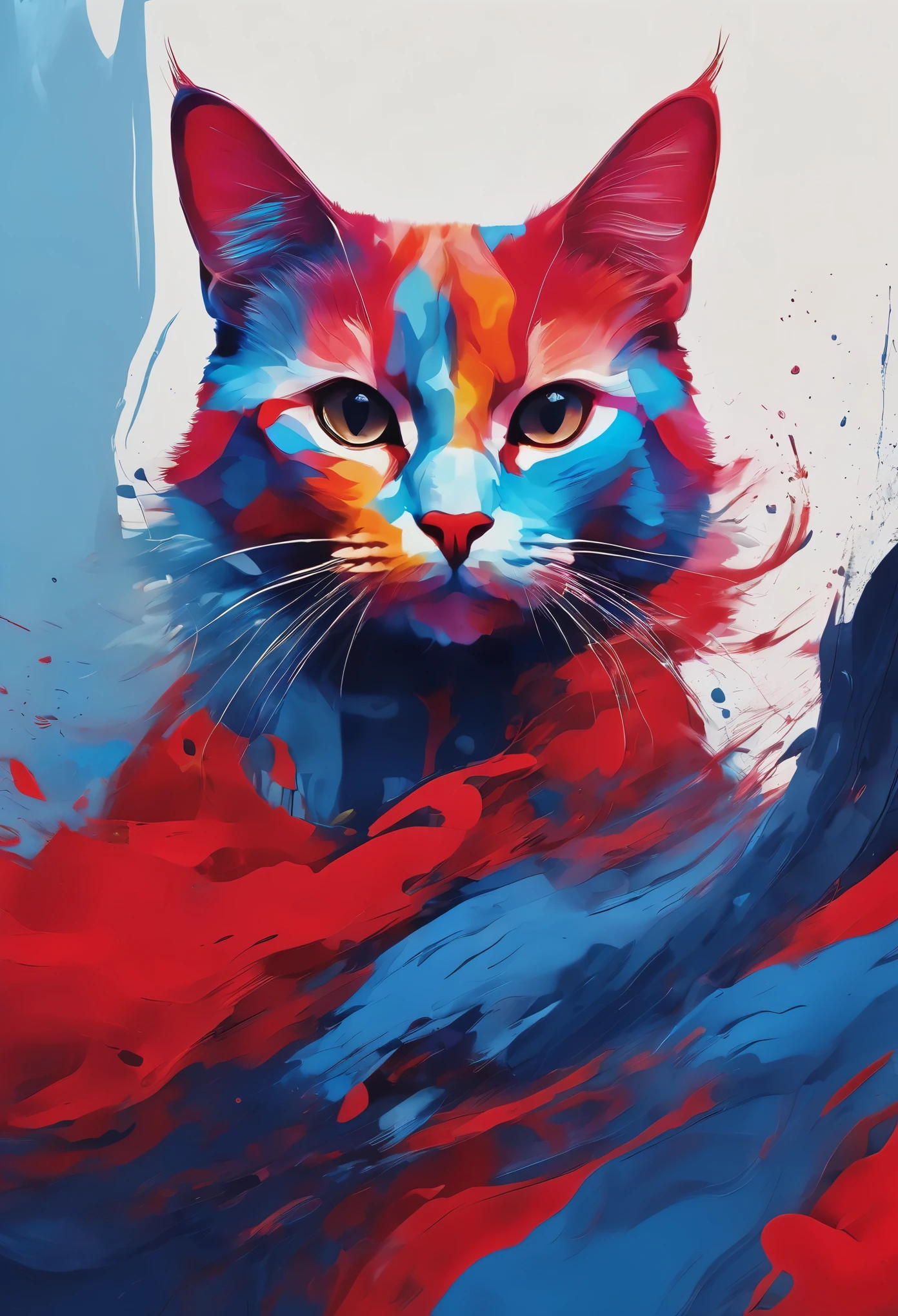 abstract painting，Abstract painter，A cat avatar，Red Blue，Minimalism，illustration，8K resolution，HD，超HD画质