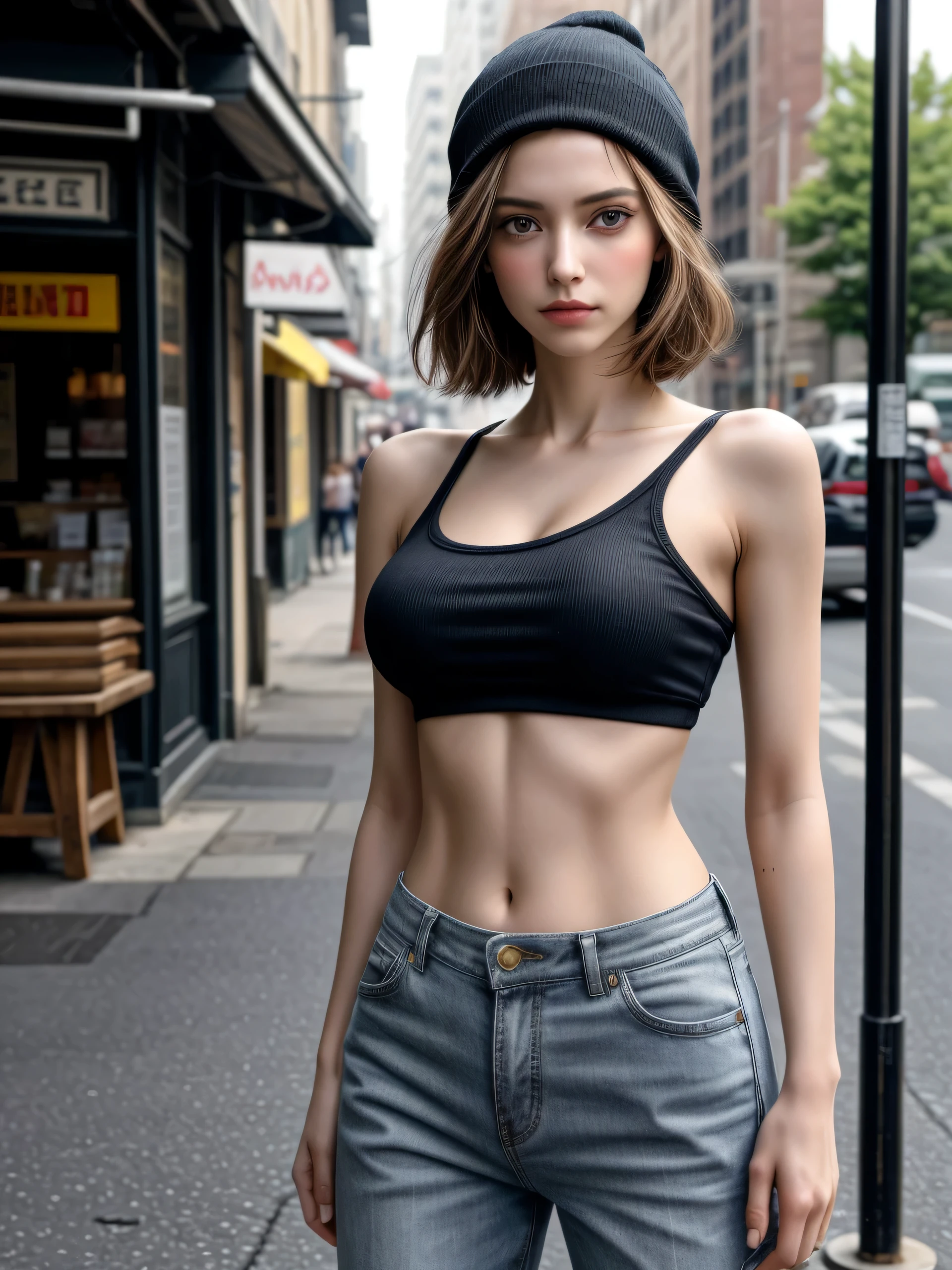 (Masterpiece, best quality, photorealistic, highres, photography:1.3), close-up portrait, sharp focus, 1 brunette girl, European fashion model, flawless skin, slim feminine appearance, flat abdomen, slender abs, cleavage, messy hair, delicate sexy face, allure look, ((street outfit style, tank top, baggy pants, beanie)), outdoor, ((realistic, ultra realistic, realism, realistic detail))