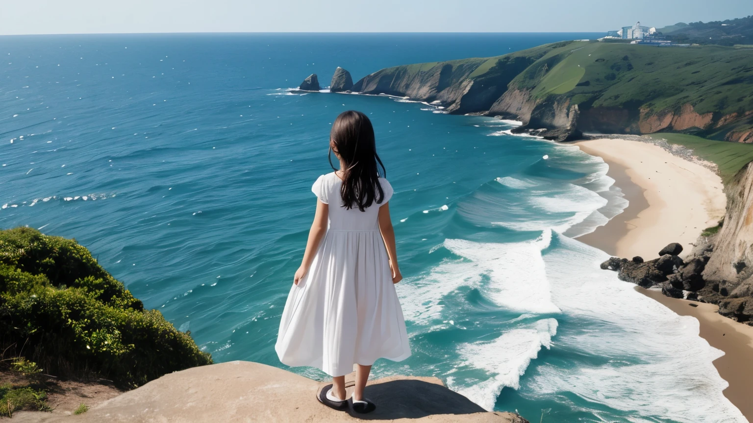 on the cliff、sun、American、white dress、6 year old girl、1 person、Ocean、look at
