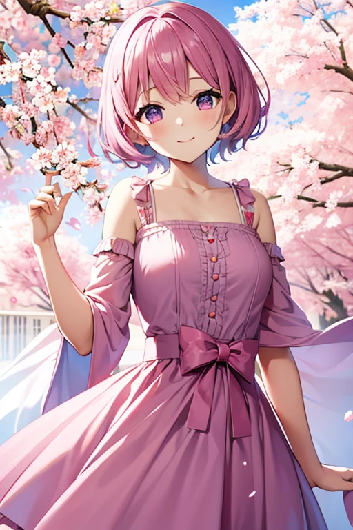 Pink and light blue dreamy hair　Wave Shorthair　Big purple eyes　smiling expression　cute girl　cherry blossoms　cherry blossoms吹雪　pink dress