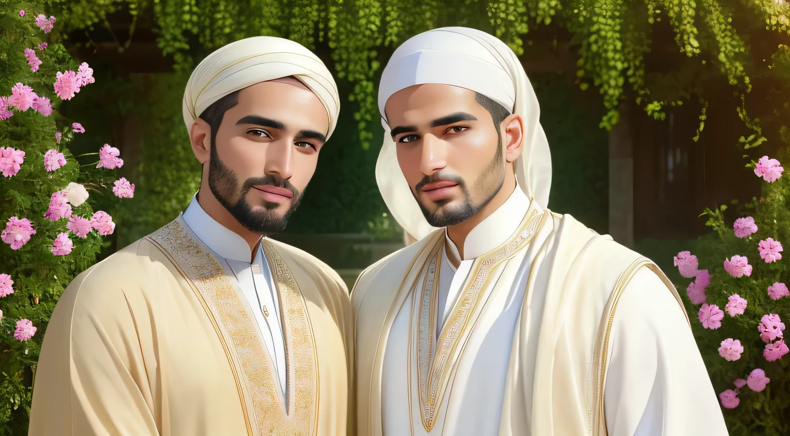 (best quality,4K,8K,high resolution,masterpiece:1.2),Super detailed,(actual,photoactual,photo-actual:1.37),Two men,Beautiful and delicate eyes,Beautiful and delicate lips,Extremely detailed eyes and face,Traditional Islamic clothing,garden background,Full of colorful flowers,soft natural light,Kindness and respect,peaceful atmosphere,of colors,walk