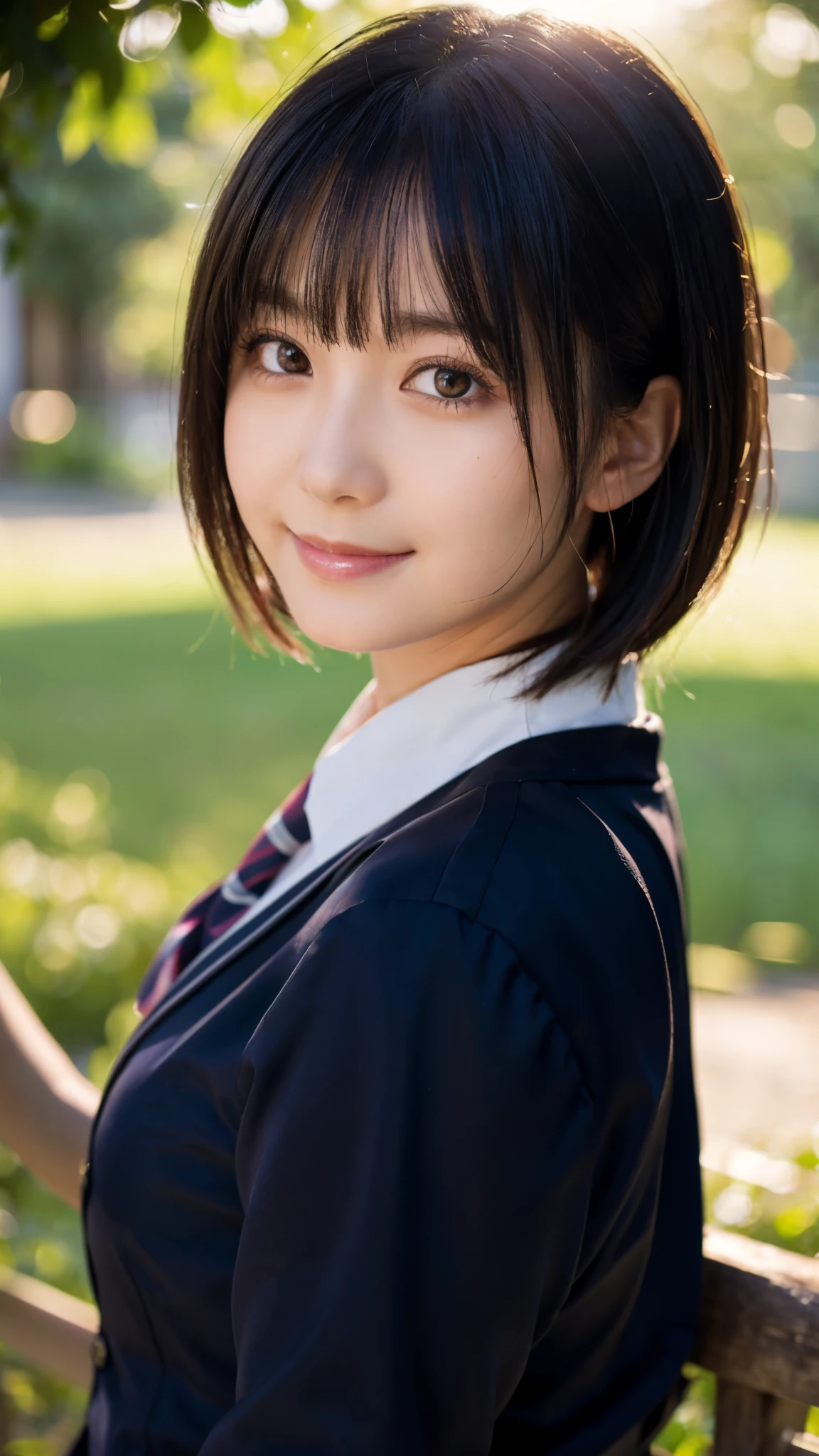 (highest quality,masterpiece:1.3,ultra high resolution),(Super detailed,caustics,8k),(photorealistic:1.4,RAW shooting),1 girl,18-year-old,cute,Japanese,black short bob,(school uniform),(smile),(stare at the camera),morning,blue sky,sun,Natural light,school playground,(front shot),bust up shot,(Backlight),Lens flare