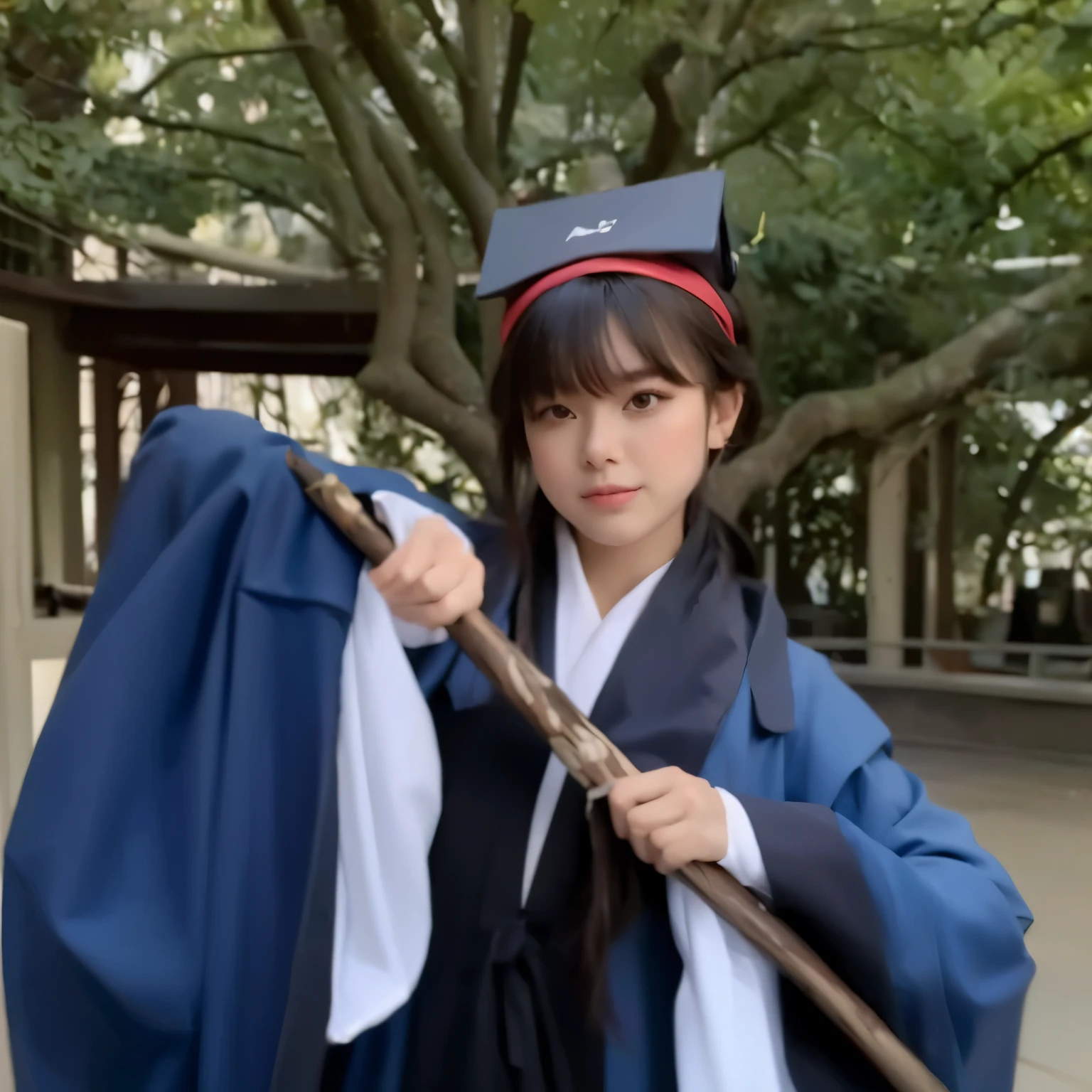 arafed woman in a blue robe holding a stick and a blue robe, wearing an academic gown, hanfu, magical school student uniform, inspired by Ma Yuanyu, magic uniform university, palace , a girl in hanfu, magic , flowing hair and long robes, graduation photo, seifuku, wearing blue robe, white hanfu, anime cosplay