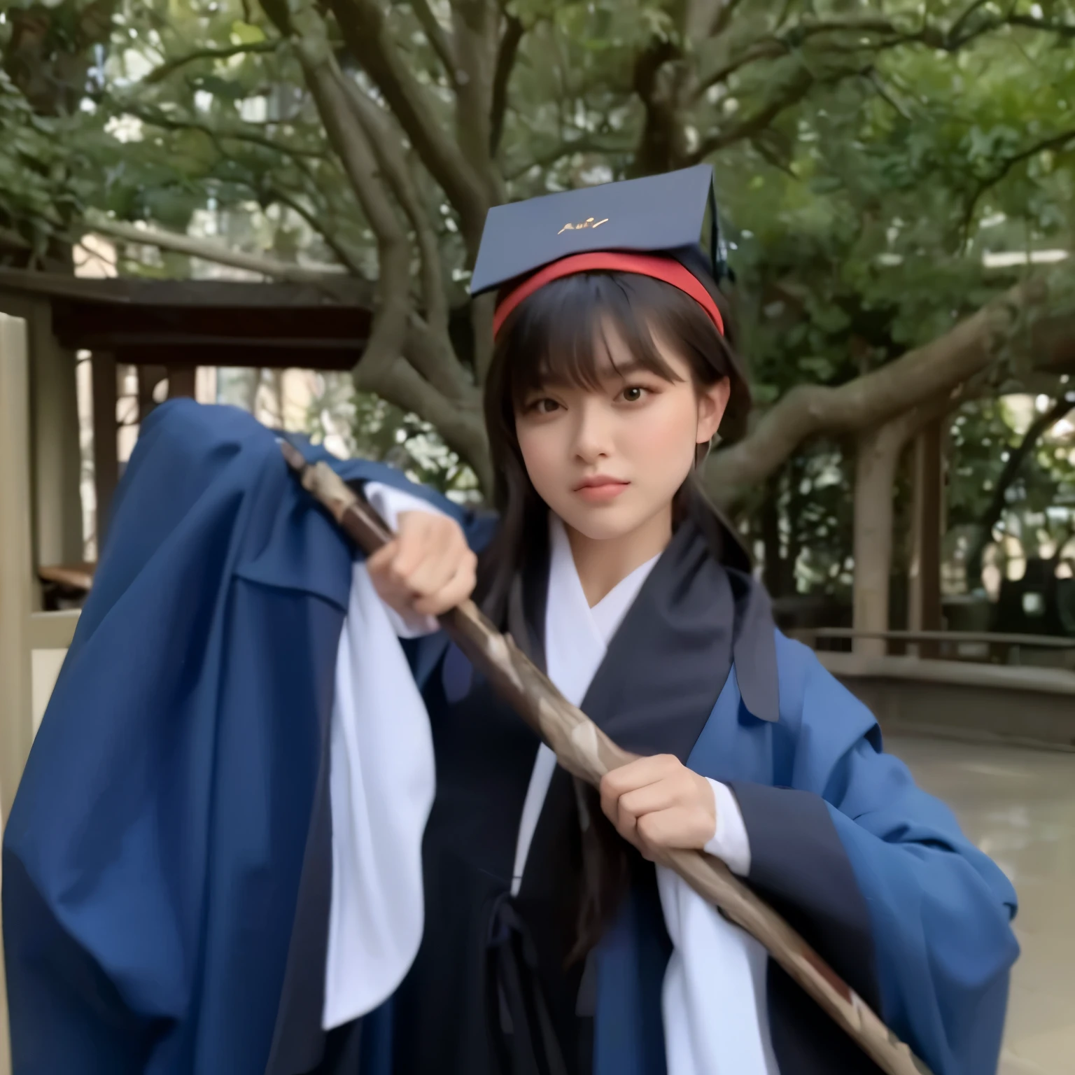 arafed woman in a blue robe holding a stick and a blue robe, wearing an academic gown, hanfu, magical school student uniform, inspired by Ma Yuanyu, magic uniform university, palace , a girl in hanfu, magic , flowing hair and long robes, graduation photo, seifuku, wearing blue robe, white hanfu, anime cosplay