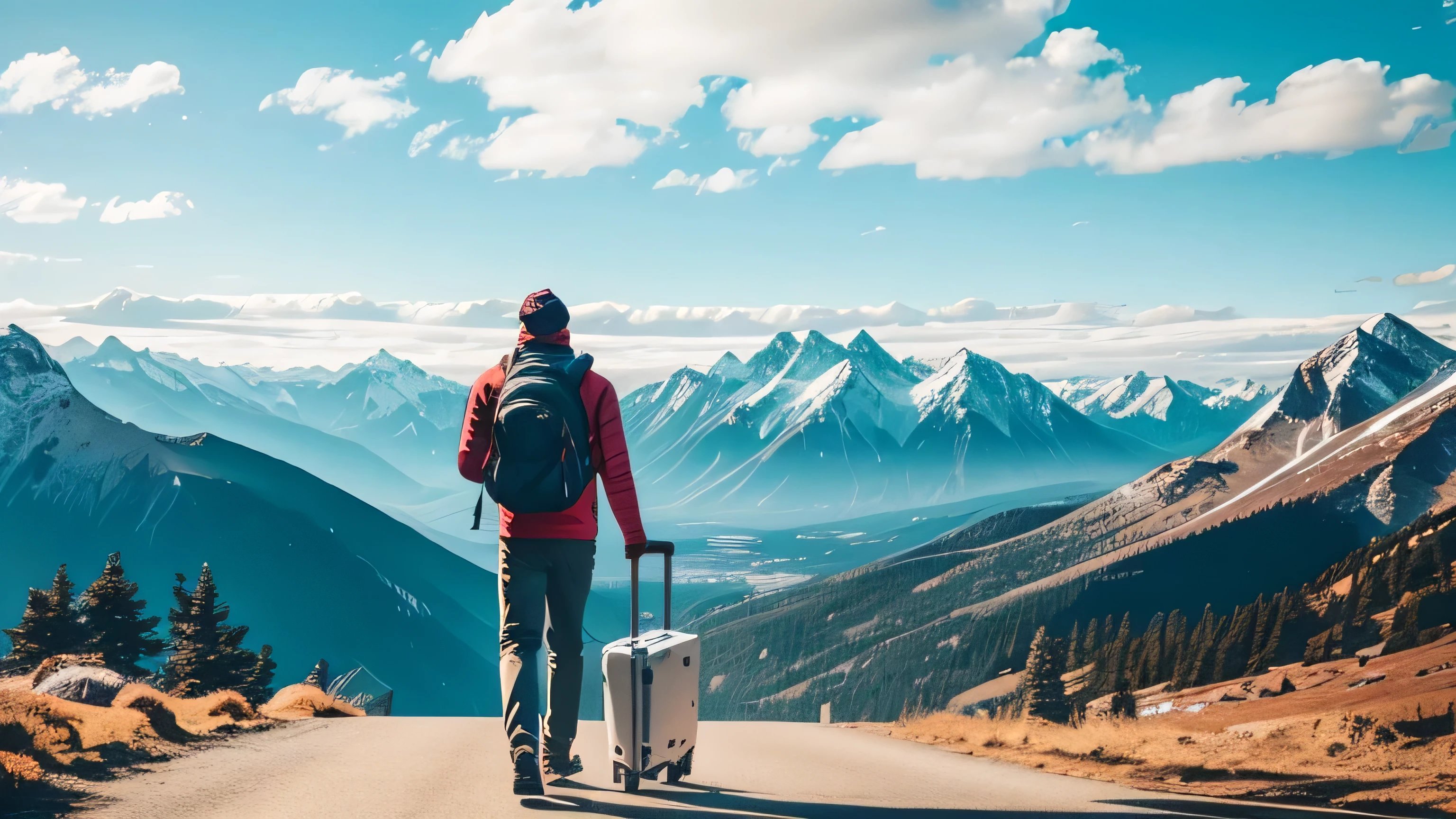 A college student drags a suitcase on the top of a mountain surrounded by mountains