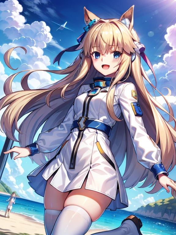 ((masterpiece))、highest quality、(Whole body wide angle)、Neo Universe(Umamusume)、1 girl, Neo Universe(Umamusume)、alone, chest, looking at the viewer, blush, smile, long hair, bangs, large chest, blonde long hair, long sleeve, blue eyes, headphone,beret,:d, body suit, b space, white body suit, blue sky,Ocean,summer,Wind:1.3,, space suit break