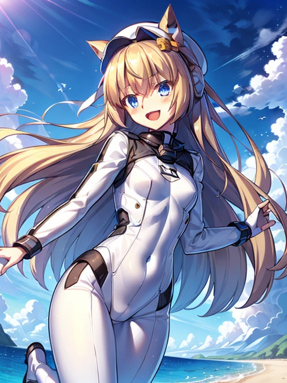 ((masterpiece))、highest quality、(Whole body wide angle)、Neo Universe(Umamusume)、1 girl, Neo Universe(Umamusume)、alone, chest, looking at the viewer, blush, smile, long hair, bangs, large chest, blonde long hair, long sleeve, blue eyes, headphone,beret,:d, body suit, b space, white body suit, blue sky,Ocean,summer,Wind:1.3,, space suit break