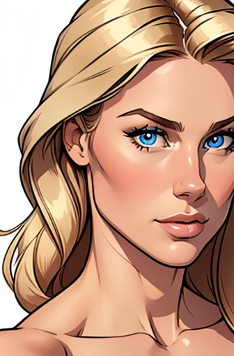 Flat colors, close up, portrait of Madelyn Cline, hair only on one side of head, side cut hair, long blond hair, beautiful face, tall, athletic figure, muscular, 30 year old woman, topless, nude, blue eyes, natural beauty, beautiful, casual, top-less, exposed small breasts,
simply white background