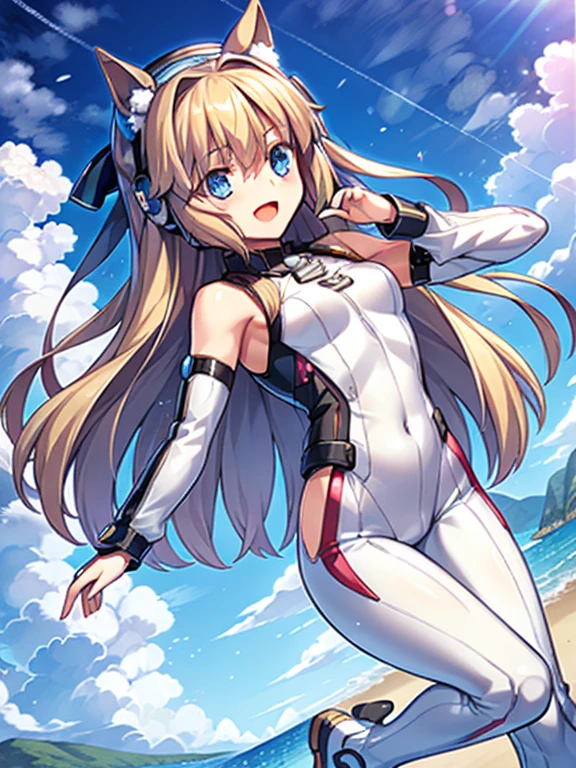 ((masterpiece))、highest quality、(Whole body wide angle)、Neo Universe(Umamusume)、1 girl, Neo Universe(Umamusume)、alone, chest, looking at the viewer, blush, smile, long hair, bangs, large chest, blonde long hair, long sleeve, blue eyes, headphone,beret,:d, body suit, b space, white body suit, blue sky,Ocean,summer,Wind:1.3,, space suit break 