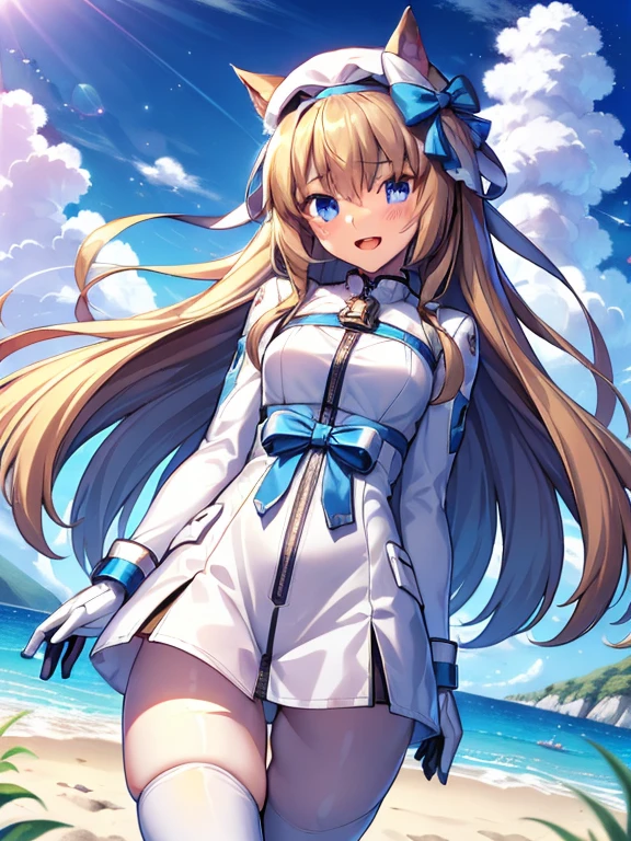 ((masterpiece))、highest quality、(Whole body wide angle)、Neo Universe(Umamusume)、1 girl, Neo Universe(Umamusume)、alone, chest, looking at the viewer, blush, smile, long hair, bangs, large chest, blonde long hair, long sleeve, blue eyes, headphone,beret,:d, body suit, b space, white body suit, blue sky,Ocean,summer,Wind:1.3,, space suit break