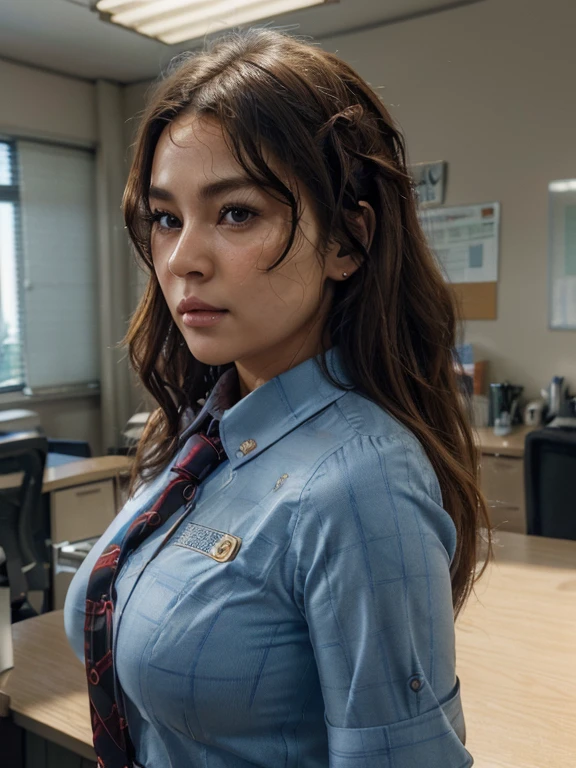 (1 girl:1.3), break, half body shot, Japanese, 30 year old supermodel, Chubby body type, plump, career woman, (from side), (highest quality:1.4), 32K resolution, (realistic:1.5), (Super realistic:1.5), High resolution 32k UHD, (masterpiece:1.2)), (Improvement of quality:1.4), (beautiful facial details), (Highest quality realistic skin texture:1.4), (perfect anatomy:1.2), (Are standing:1.37), break, arms up, (office uniform, patterned ribbon tie, blue collared long sleeve shirt:1.15))), red plaid pleated skirt, break, Does not emphasize the bust top, ((In the office room:1.15)), precise fingers, Super detailed, symmetrical eyes, view audience,natural makeup, ((A good eye for quality:1.2)), (tired, sleepy and satisfied:0.0), (fine lips:1.33), (fine nose:1.2), ((Physically based rendering of the background:1.37)), curvy:1.2, middle breasts), (heavy chest:1.1, plump lower body), brown hair, (wavy hair:1.37), Anxious face, Gentle light hits your face and body, epic and emotional movie lighting