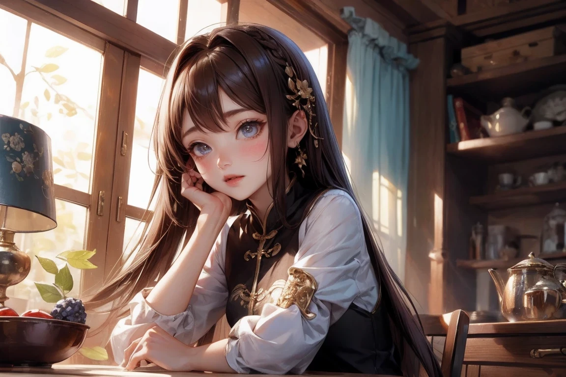 illustration design, Delicate characters, Windows, table, brown hair, big eyes, long cheongsam