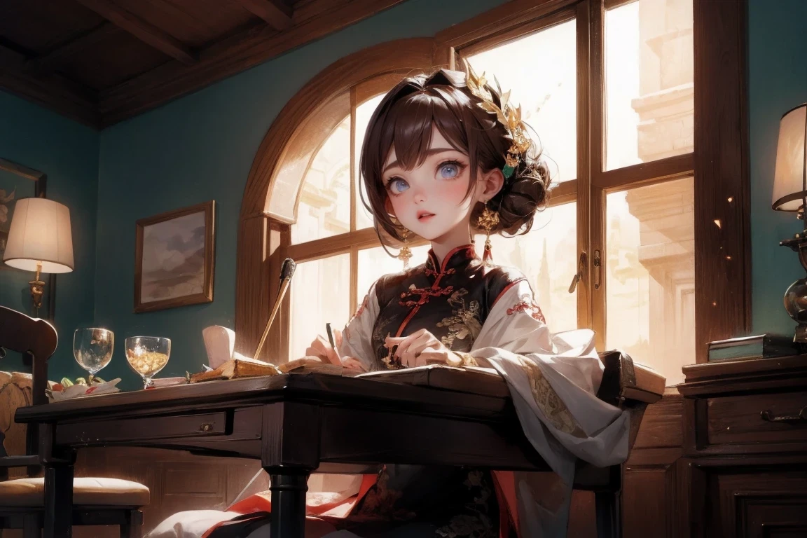 illustration design, Delicate characters, Windows, table, brown hair, big eyes, long cheongsam