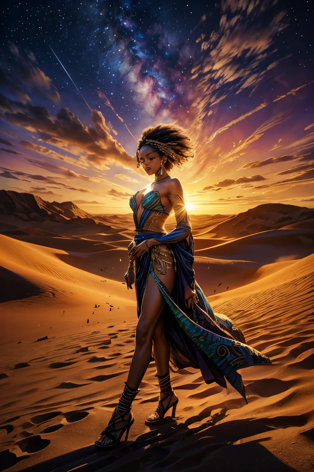 Colorful Moth: Vibrant and Multicolored Moth with Intricate Patterns, Exquisite Wing Details, Fluttering Gracefully
African Black Woman Holding: Elegant African Black Woman Embracing, Radiating Beauty and Strength
Walking in the Desert: Serene African Black Woman Strolling Amidst the Barren Sands, Embracing the Solitude
Otherworldly: Enchanting and Otherworldly Vibe, Transporting You to a Surreal Dimension
Album Cover: Striking Visual Art for an Imaginative and Captivating Musical Composition
Aestheticism: Aesthetic Perfection Evoking Emotions and Inspiring Deep Contemplation
Footprints in the Desert: Mysterious Footprints Embedded in the Desert Sand
