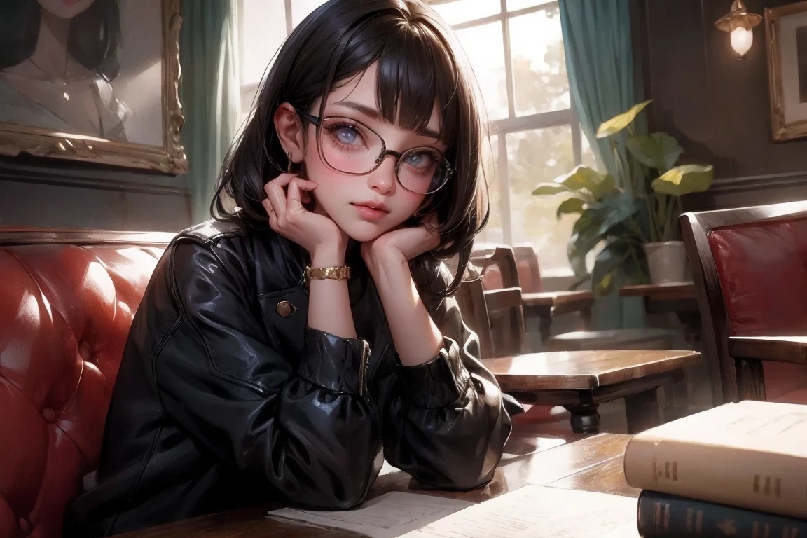 a girl with round glasses, beautiful detailed eyes, black-framed glasses, long eyelashes, clear skin, black hair, wearing a white blouse and jeans, gentle smile, sitting in a cozy café, surrounded by books and artwork, natural lighting, vibrant colors, oil painting style, high resolution, realistic rendering, with a touch of vintage aesthetics