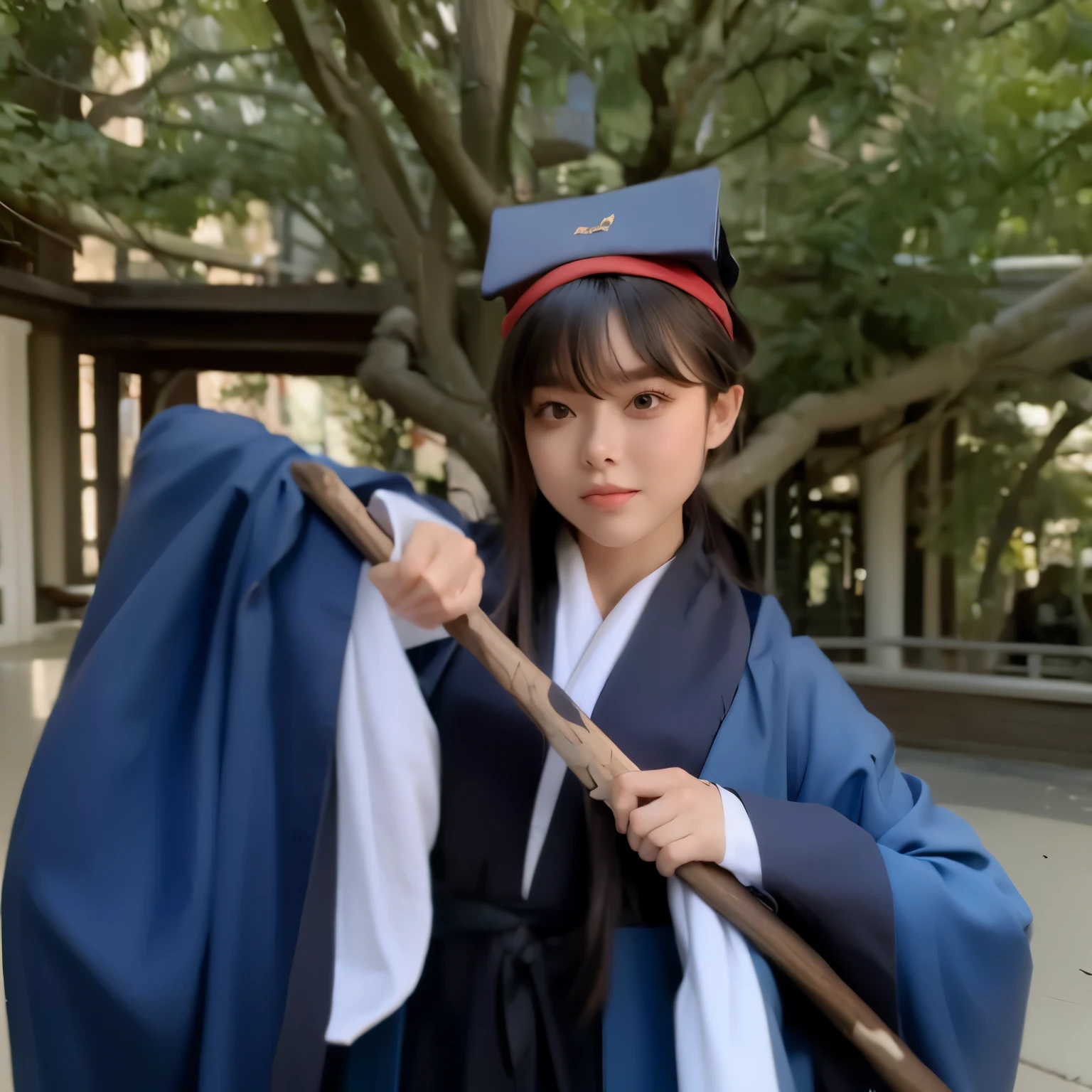 arafed woman in a blue robe holding a stick and a blue robe, wearing an academic gown, hanfu, magical school student uniform, inspired by Ma Yuanyu, magic uniform university, palace ， a girl in hanfu, magic , flowing hair and long robes, graduation photo, seifuku, wearing blue robe, white hanfu, anime cosplay