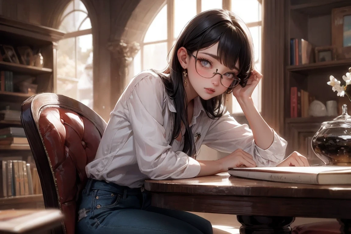 a girl with round glasses, beautiful detailed eyes, black-framed glasses, long eyelashes, clear skin, black hair, wearing a white blouse and jeans, gentle smile, sitting in a cozy café, surrounded by books and artwork, natural lighting, vibrant colors, oil painting style, high resolution, realistic rendering, with a touch of vintage aesthetics