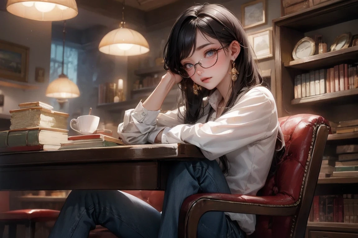 a girl with round glasses, beautiful detailed eyes, black-framed glasses, long eyelashes, clear skin, black hair, wearing a white blouse and jeans, gentle smile, sitting in a cozy café, surrounded by books and artwork, natural lighting, vibrant colors, oil painting style, high resolution, realistic rendering, with a touch of vintage aesthetics