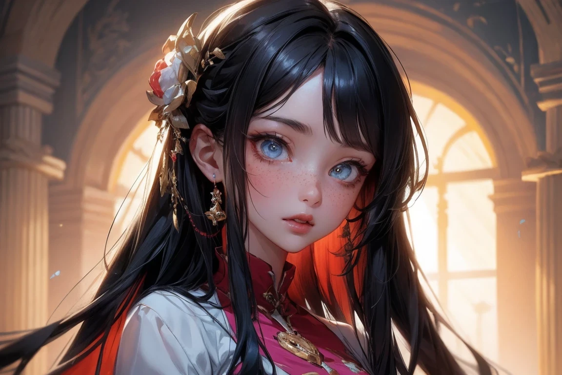 masterpiece, best quality, {best quality}, {{masterpiece}}, {high resolution}, focus, anime style, Cartoon close-up of a woman, girls design, portrait, gisha, anime image, long hair, black hair, Look straight into the eyes, hair covering ears, Polished and powerful look, out of tune, High, freckle, hapiness, Romantic outfits, rich and colorful, color  
