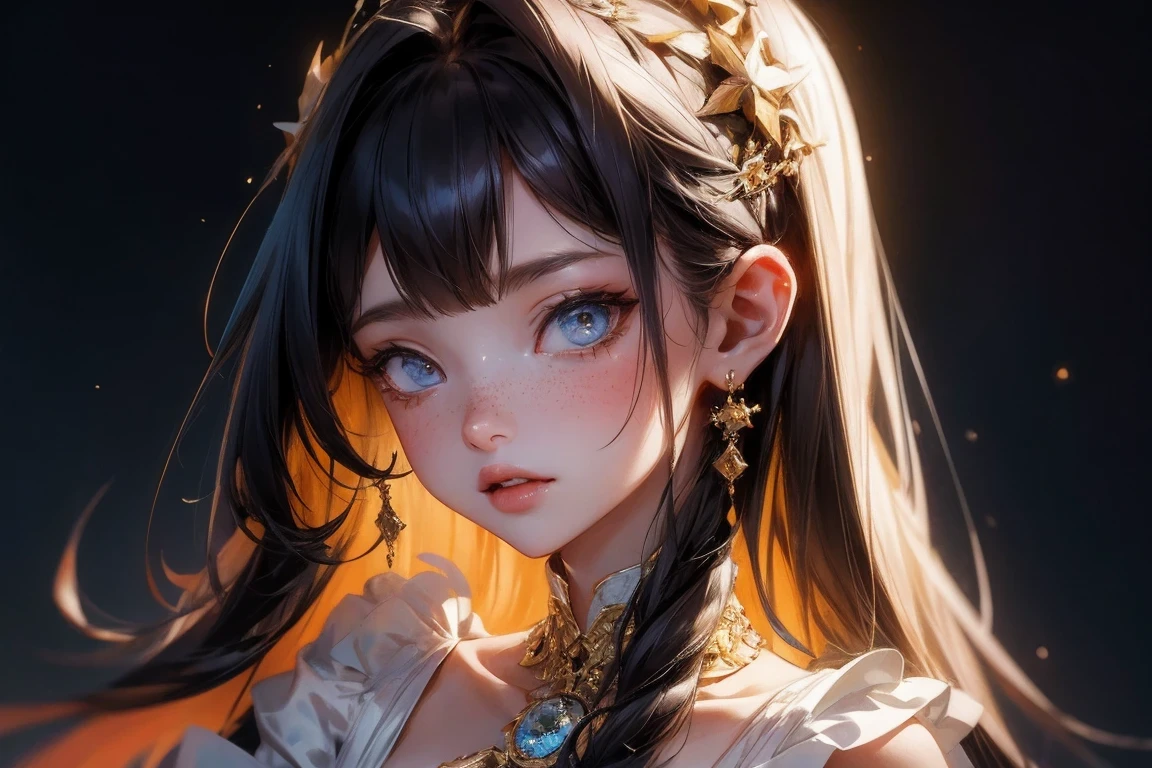 masterpiece, best quality, {best quality}, {{masterpiece}}, {high resolution}, focus, anime style, Cartoon close-up of a woman, girls design, portrait, gisha, anime image, long hair, black hair, Look straight into the eyes, hair covering ears, Polished and powerful look, out of tune, High, freckle, hapiness, Romantic outfits, rich and colorful, color