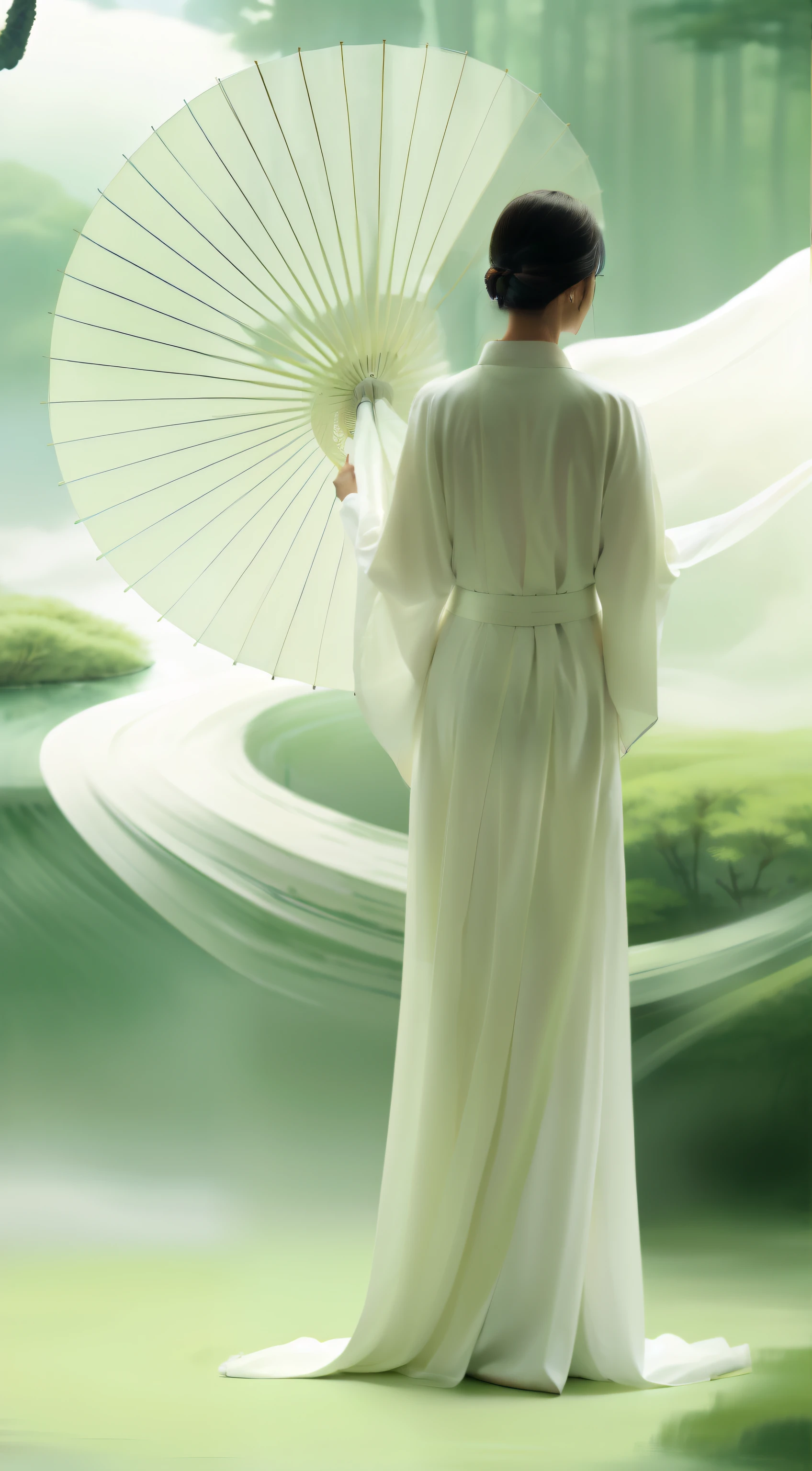 A person in the painting is wearing a white dress、woman holding white umbrella, white hanfu, flowing robe, flowing white robe, hanfu, white robe, Inspired by Uemura Matsuen, Long and beautiful flowing kimono, flowing magic robe, Inspired by Song Huizong, flowing robe, white clothes, flowing robes