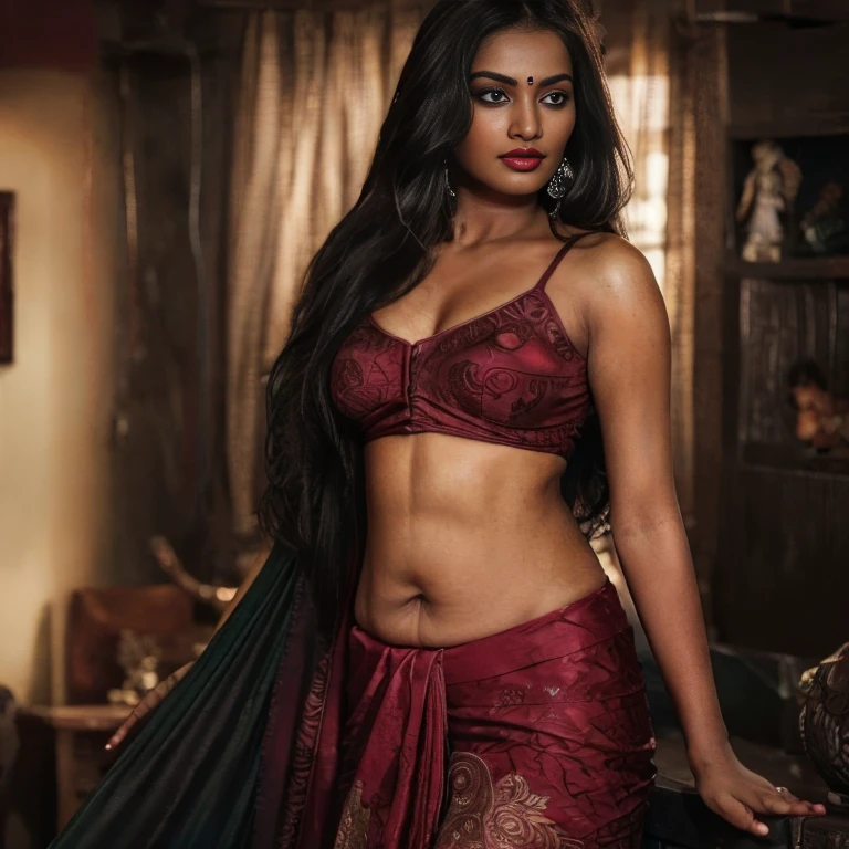 (close up, Face portrait, editorial photograph of a 30 year old dusky brown indian woman with long blond hair), long oval shaped face, red lipstick, (highly detailed face:1.4) (smile:0.7) (background inside dark, seductive posture, moody, private study:1.3) POV, by lee jeffries, nikon d850, film stock photograph ,4 kodak portra 400 ,camera f1.6 lens ,rich colors ,hyper realistic ,lifelike texture, dramatic lighting , cinestill 800, natiral light from windows, woman with open tits and clevage, full wet, with long flowing hair, detailed Green eyes, with flowing capes, wearing silk panties, perfect composition, hyperrealistic, super detailed, 8k, high quality, trending art, trending on artstation, sharp focus, studio photo, intricate details, highly detailed, looking at the Camera, lusty look, brown skinned, natural makeup, dramatic ligting, red lips, Dusky brown skinned woman, detailed skin texture, seductive look, skinned body, huge Clevage visible, low angle shot, bended posture,