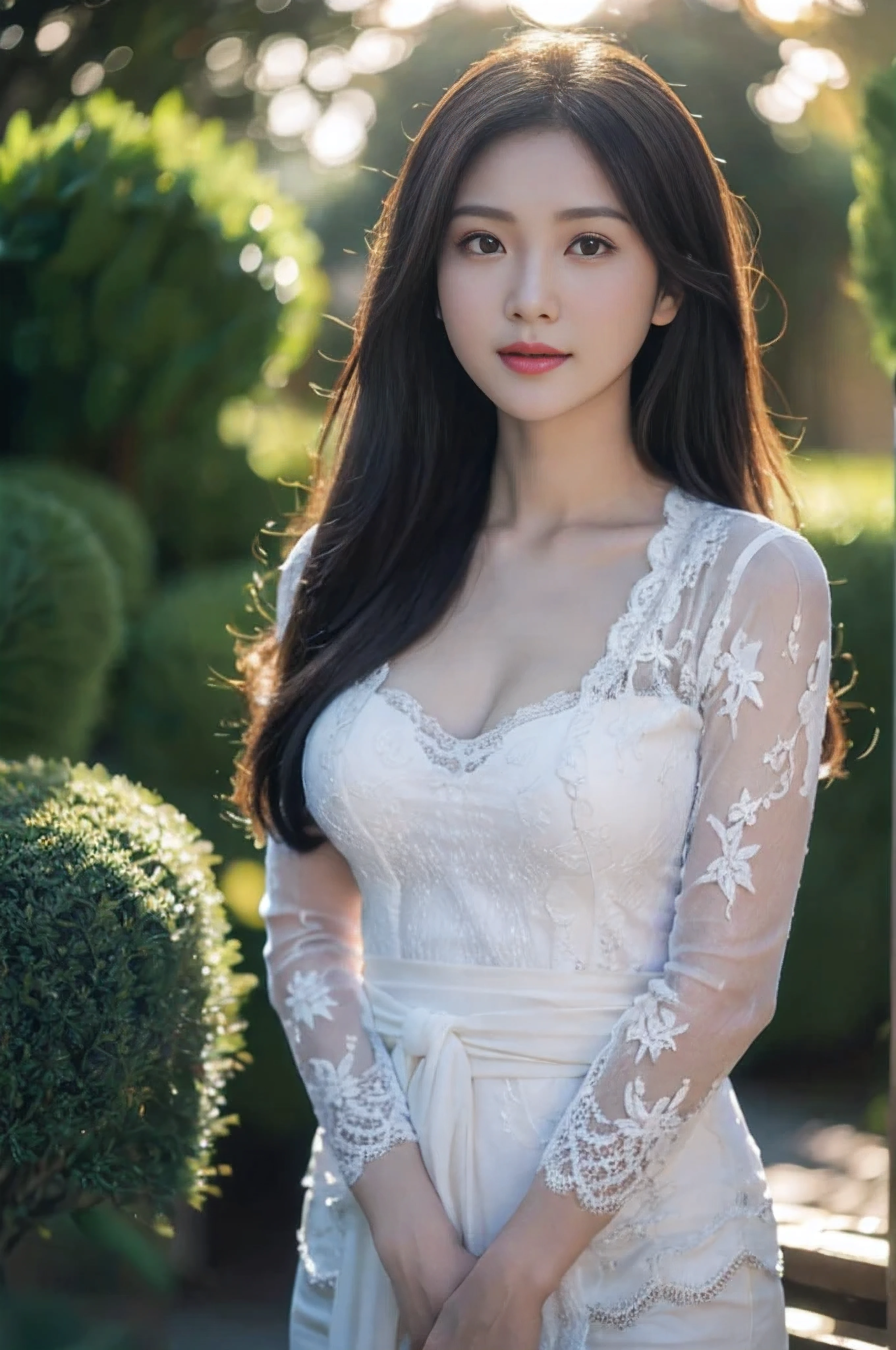 8k, best quality, Medium close-up, (white kebaya )、(luxury kebaya ),(top-quality,​masterpiece:1.3,超A high resolution,),(ultra-detailliert,Caustics),(Photorealsitic:1.4,RAW shooting,)Ultra-realistic capture,A highly detailed,high-definition16Kfor human skin, Cute and lovely Korean girl, realistic, ultra detail, photo realistic, Increase quality, 
 standing in a garden with a scarf, garden, (large breast), (cleavage ), close-up shot,  mouth,dark-haired, long hair, (depth of fields、chromatic abberation、Wide range of lighting、Natural Shading、)、(Exterior light at night:1.4)、(Hair swaying in the wind:1.2).