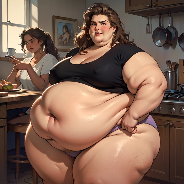 (masterpiece, best quality, highres, detailed, realistic:1.2), brooke shields, USSBBW, (morbidly obese:1.2), (fatblob:1.2), detailed face, beautiful face, (ecstatic expression), high aesthetic, panties, messy, slob, kitchen, eating, surrounded by worried sisters 