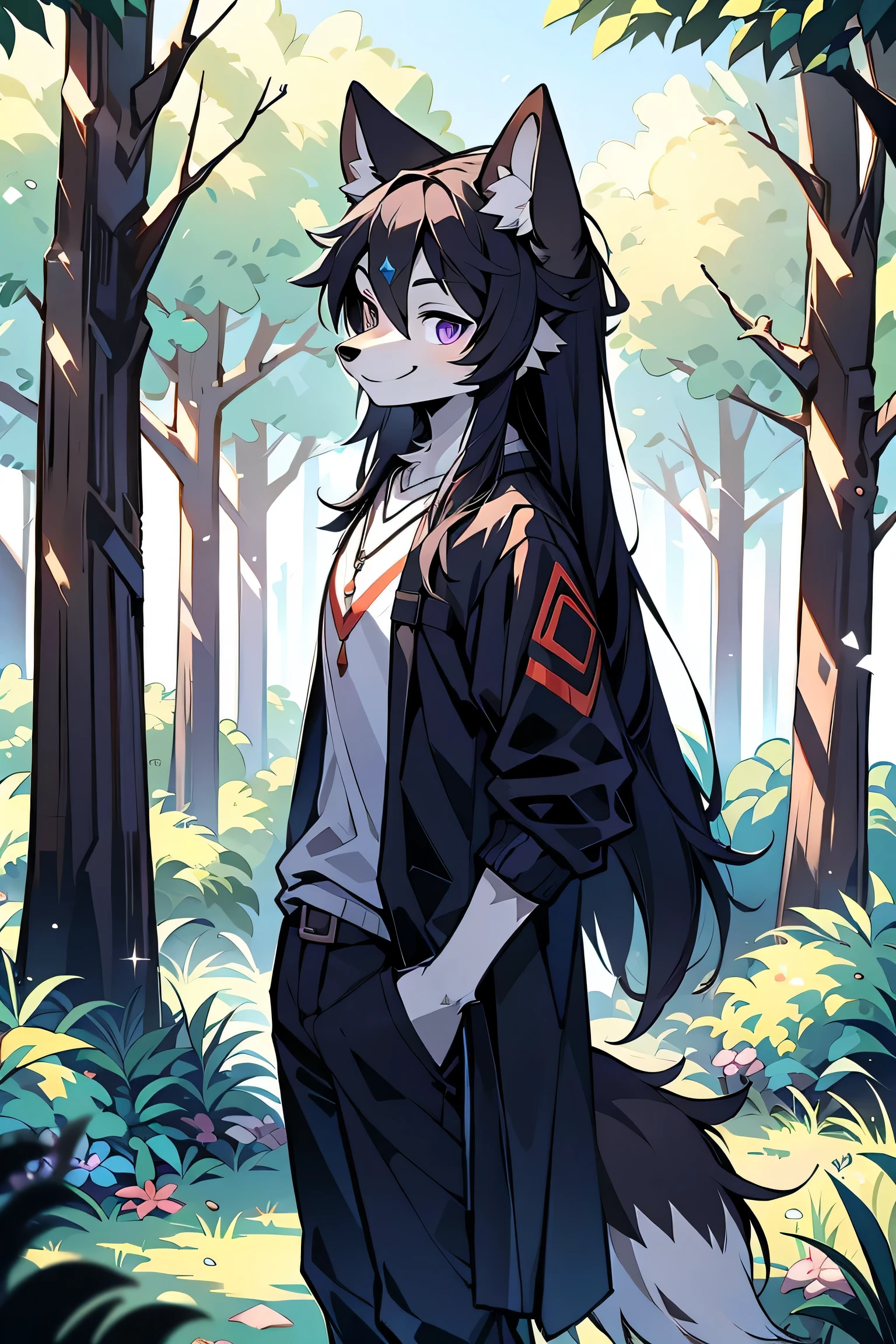 The male wolf is 180 cm tall,blue-purple eyes, , long black hair, end, The upper body shows off a perfect figure,red and black clothing,with a smile,two small ears,fair skin standing ,in the forest