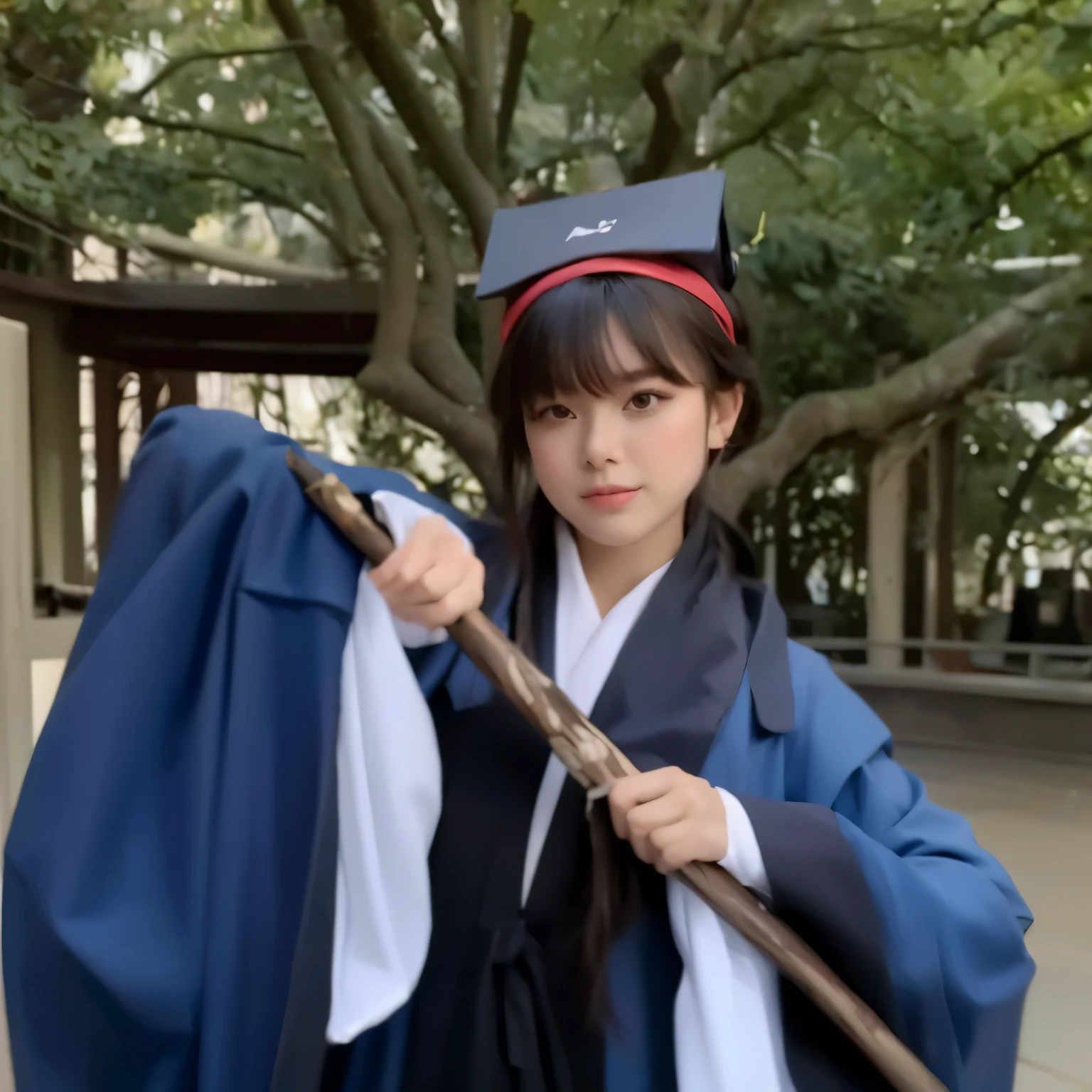 arafed woman in a blue robe holding a stick and a blue robe, wearing an academic gown, hanfu, magical school student uniform, inspired by Ma Yuanyu, magic uniform university, palace , a girl in hanfu, magic , flowing hair and long robes, graduation photo, seifuku, wearing blue robe, white hanfu, anime cosplay