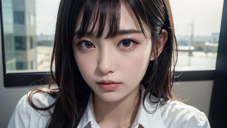 (long hair, bangs:1.2),(Dressed in business casual:1.2),1 girl,Japanese,28 years old,(small breasts:1.3),(highest quality,masterpiece:1.3,超A high resolution,),(Super detailed,caustics),(Photoreal:1.4,RAW shooting,)ultra-realistic capture,very detailed,High resolution 16K human skin close-up。 natural skin texture、,The pores are、、、、Must be detailed enough to be easily identified。 Skin should look even-toned and healthy。 Use natural light and color, sad expression, look at the camera, perfect dynamic composition, office