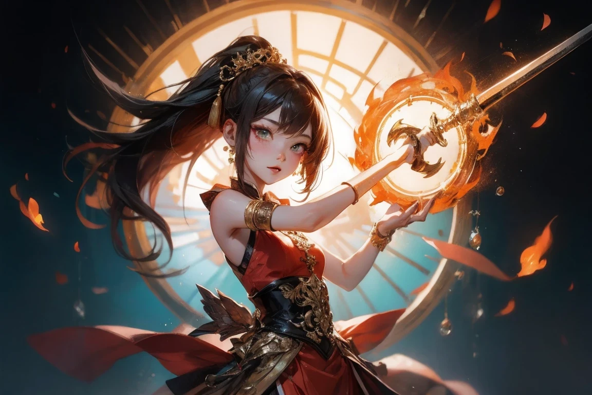 Fisheye lens with flames in the background, Chinese girl dancing with sword, Wearing Tang suit, one person, upward light, Ray tracing, rim light, glow effect, exaggerated movements, exaggerated perspective, tangerine, green, Realistic and ultra-fine rendering style, Super details, mixer, octagon ending
