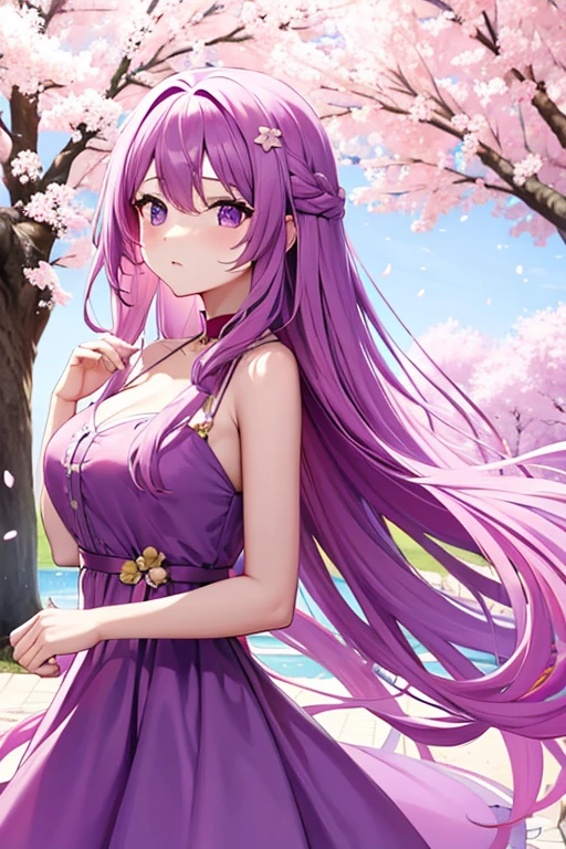 Pastel purple hair Wavy Long Hair Cool eyes stern look Beauty cherry blossoms cherry blossoms吹雪 beautiful purple dress