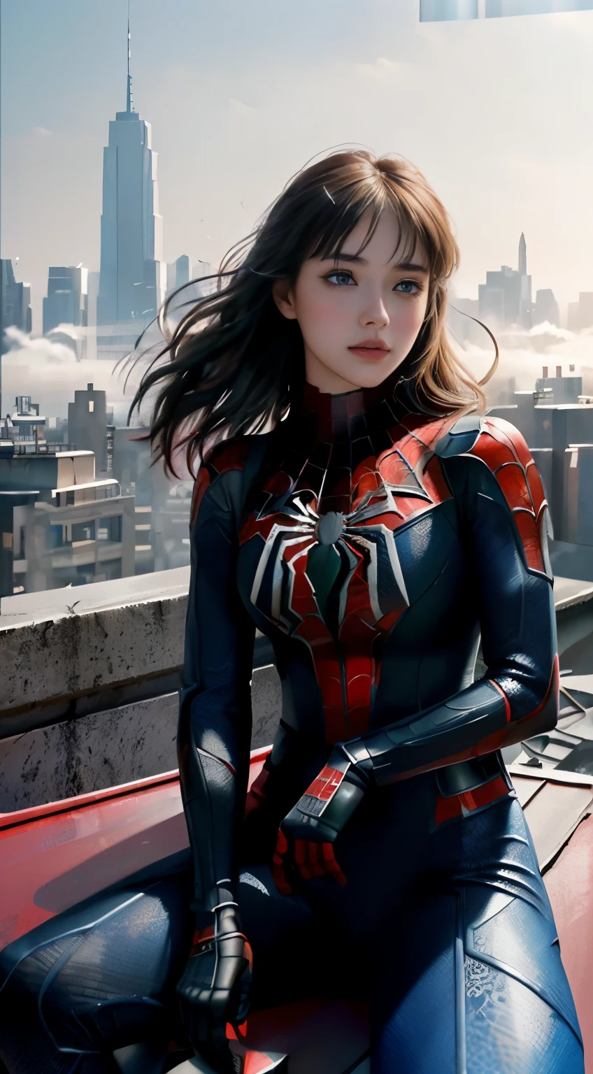 (1girl:1.3), Solo, (((Very detailed face)))), ((Very detailed eyes and face)))), Beautiful detail eyes, Body parts__, Official art, Unified 8k wallpaper, Super detailed, beautiful and beautiful, beautiful, masterpiece, best quality, original, masterpiece, super fine photo, best quality, super high resolution, realistic realism, sunlight, full body portrait, amazing beauty, dynamic pose, delicate face, vibrant eyes, (from the front), She wears Spider-Man suit, red and black color scheme, spider, very detailed city roof background, rooftop, overlooking the city, detailed face, detailed complex busy background, messy, gorgeous, milky white, highly detailed skin, realistic skin details, visible pores, clear focus, volumetric fog, 8k uhd, DSLR, high quality, film grain, fair skin, photo realism, lomography, futuristic dystopian megalopolis, translucent