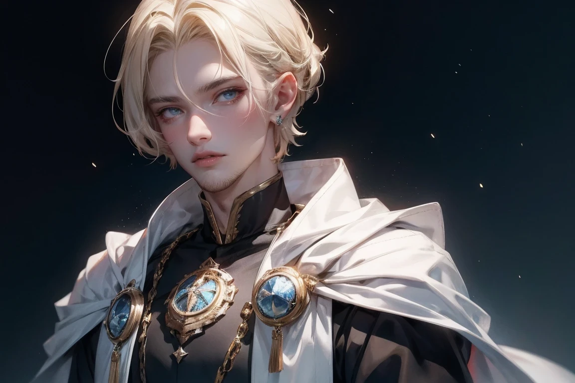 blond man, blue eyes, short hair, Sparse beard on chin, Dressed in the black clothes of a noble king, masterpiece, best quality