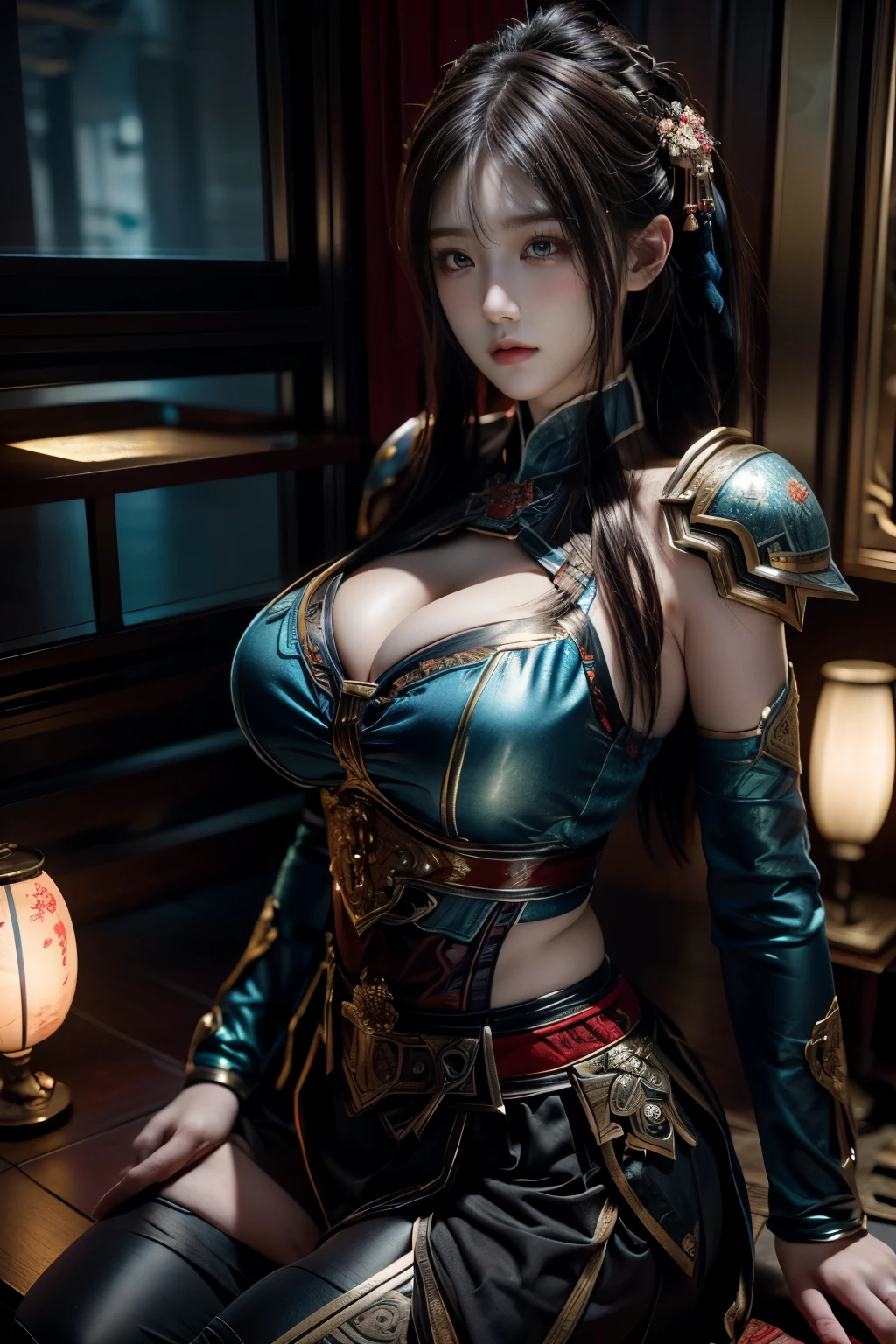 Masterpiece,Game art,The best picture quality,Highest resolution,8K,(Portrait),Unreal Engine 5 rendering works,(Digital Photography),
Girl,Beautiful pupil,(Gradual short hair is blue and red),Busty,(Big breasts),(Portrait photography:1.5),
(A chivalrous woman in Tang Dynasty),Casual hairstyle,Delicate faces,(Full breasts,Big breasts),Serious,Cool and elegant,(Wearing combat armor combined with the characteristics of ancient Chinese clothing,A complex pattern,Mysterious light,Hollow Armor),(Red and black),Ancient fantasy style characters
Movie lights，Ray tracing，Game CG，((3D Unreal Engine))，oc render reflection texture