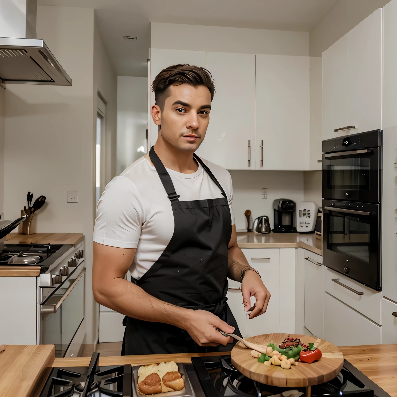 photorealistic influencer man who is cooking food in a modern kitchen