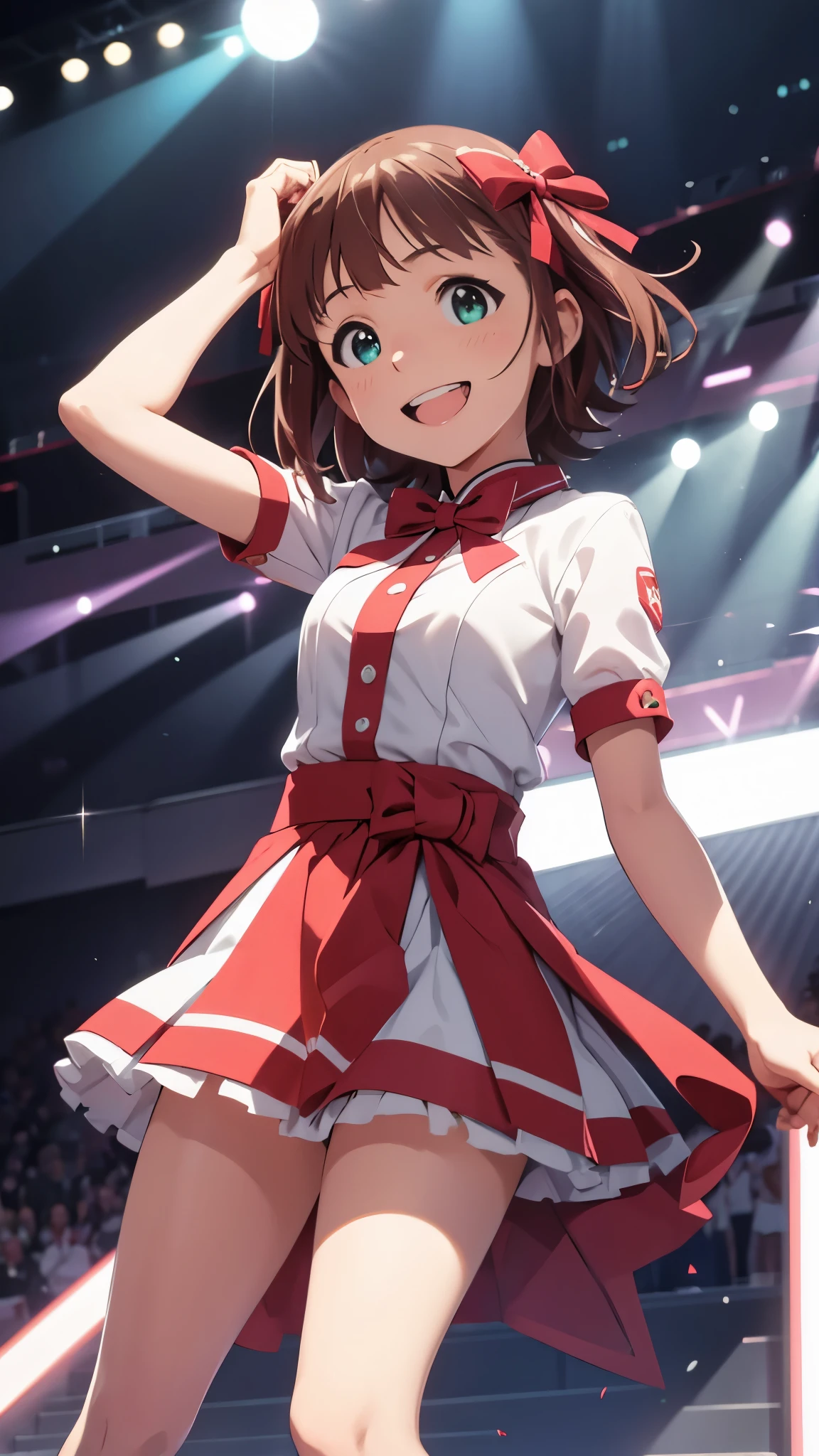 CG, unity, 8k, wallpaper, highest quality, masterpiece, 1girl, cheerful girl, 17-year-old, haruka amami, singing, open your mouth wide, idol pose, (bright smile: 1.2), Small symmetrical ribbons on each side of the head, best lighting, complex pupils, complex textile, on the shining stage, she is the best idol