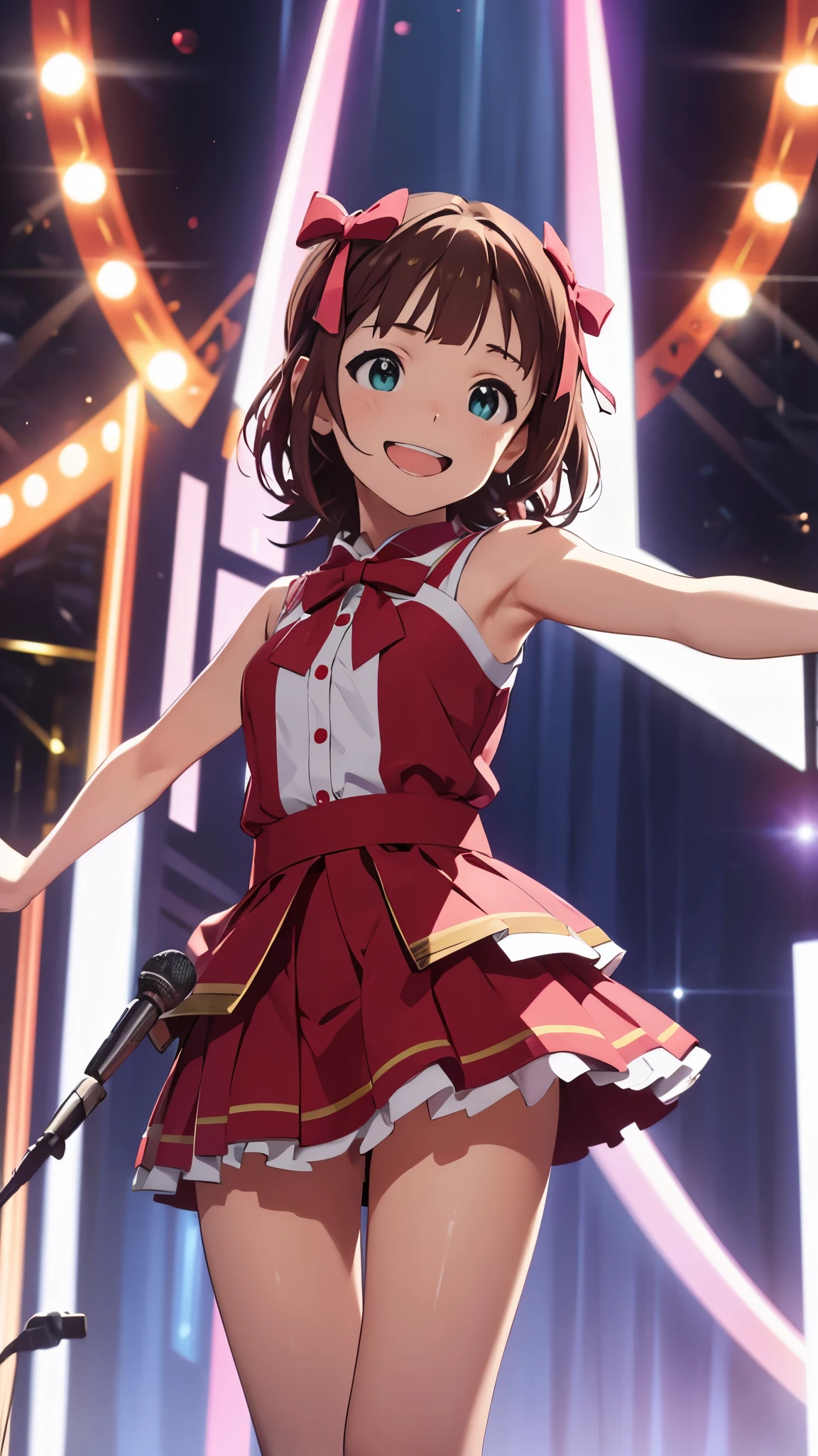 CG, unity, 8k, wallpaper, highest quality, masterpiece, 1girl, cheerful girl, 17-year-old, haruka amami, singing, open your mouth wide, idol pose, (bright smile: 1.2), Small symmetrical ribbons on each side of the head, best lighting, complex pupils, complex textile, on the shining stage, she is the best idol