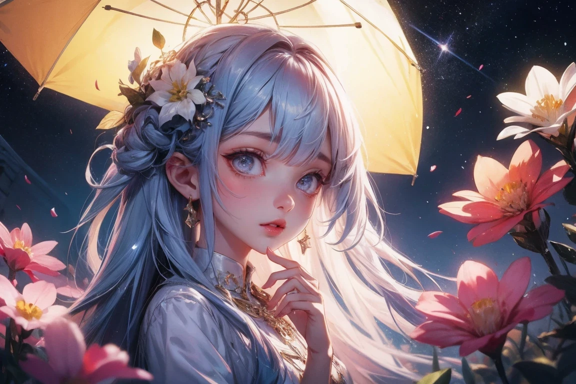 top quality, High_solve, clearly_image, Detailed background, girl, flower, flower garden, starry sky,
