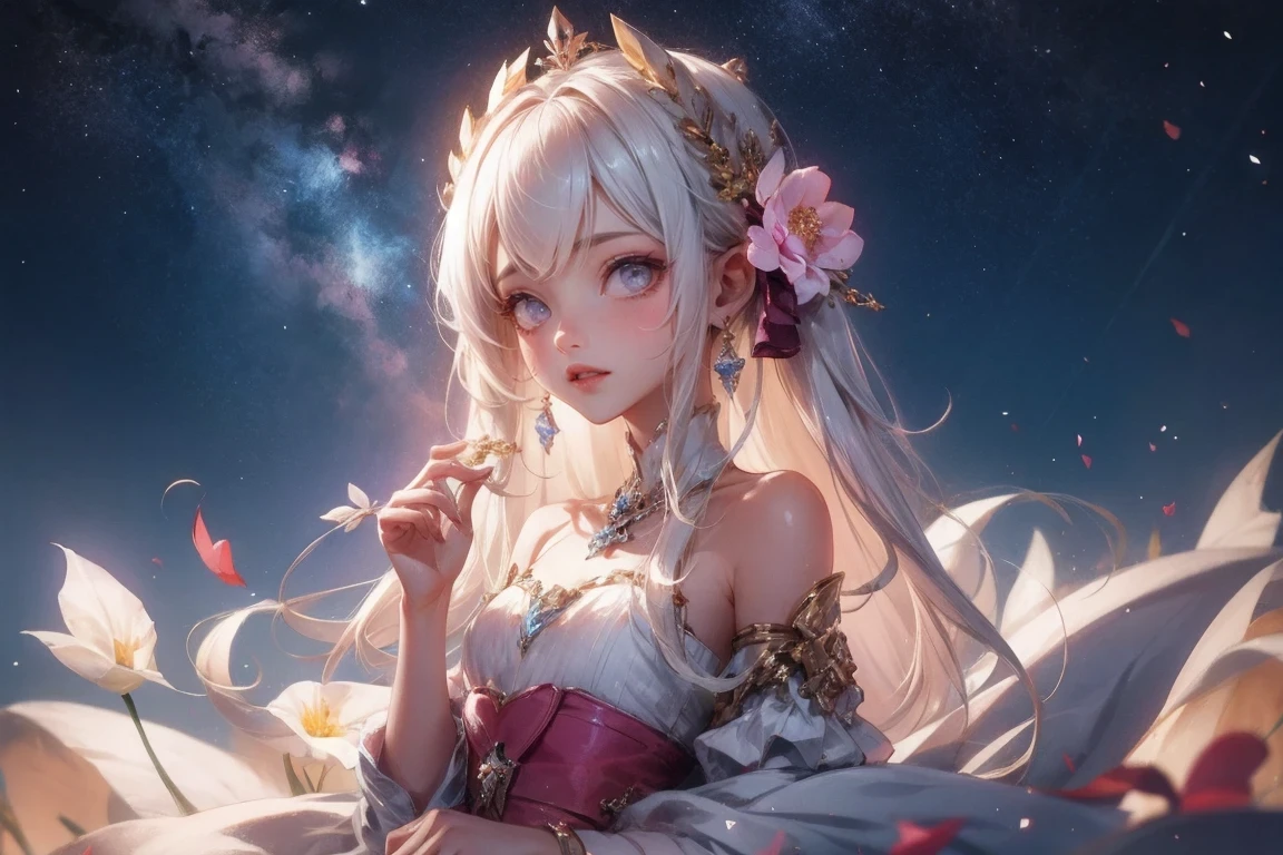 top quality, High_solve, clearly_image, Detailed background, girl, flower, flower garden, starry sky,