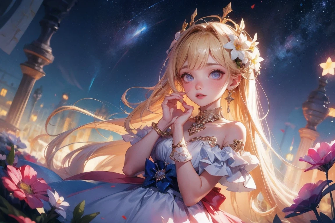 top quality, High_solve, clearly_image, Detailed background, girl, flower, flower garden, starry sky,