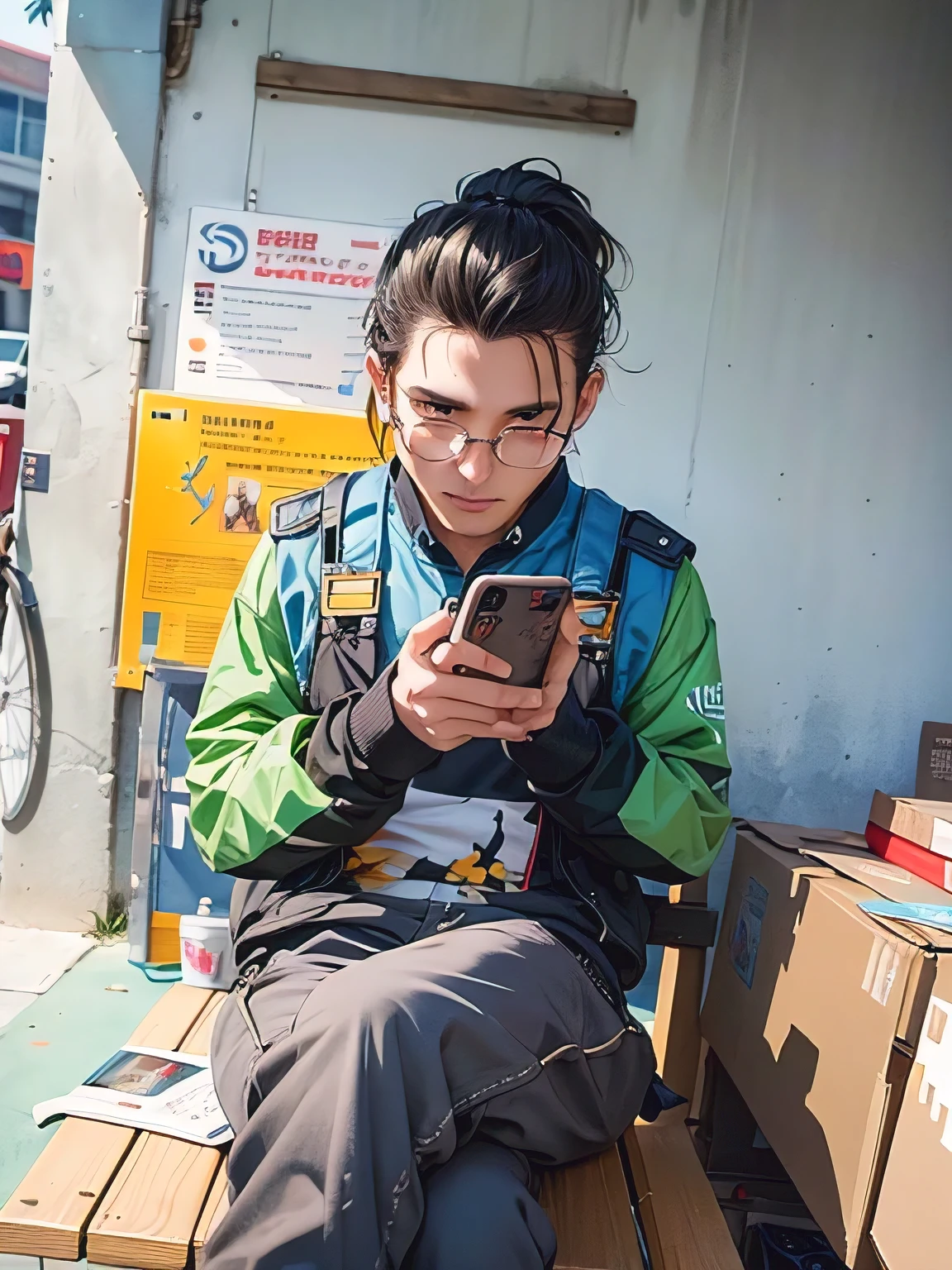 there is a man sitting on a bench looking at his cell phone, style of ade santora, by artist, dital painting, mechanic, maintenance photo, potrait, holding a very advance phone, looking at his phone, high quality upload, he is holding a smartphone, detailed picture, ramil sunga, exclusive, very artistic, switch, random artist, mobile