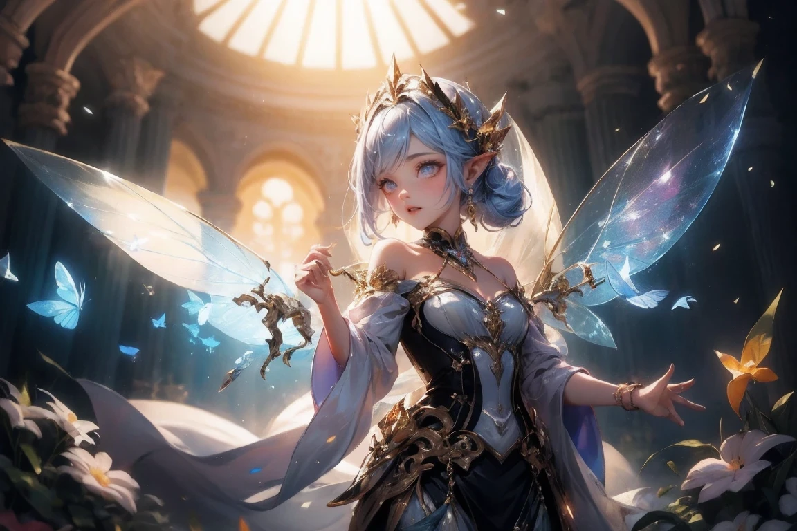 masterpiece, 1 fairy, Flying female fairy, perfect face, Light, glass tree forest, dramatic lie, blindfolded, Super detailed, floating glow Lights, depth of field, (shining dust)