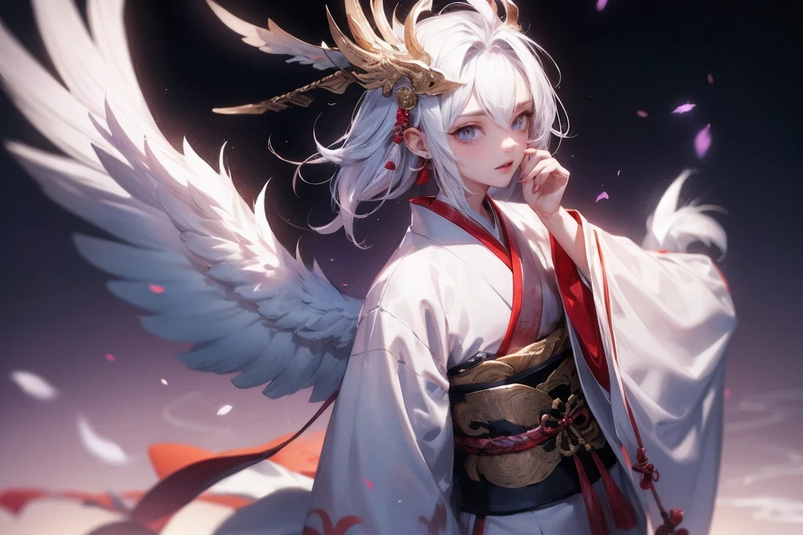 man, tengu, Onmyoji, beak, hairy, white hair, white feathers, long wings, Purple pupils, kimono, Japanese style, Simple background